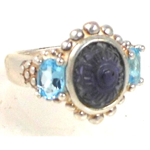Handcrafted Vintage Blue Topaz Sterling Silver Ring Carved Chalcedony Size 4.5 - Picture 1 of 7